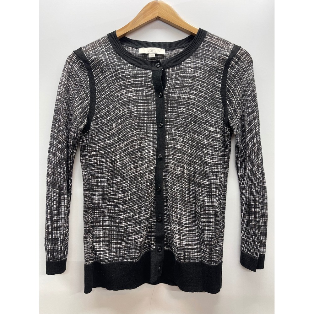 Ann Taylor LOFT Womens Black White Crosshatch Cardigan Sweater Size M OS18019